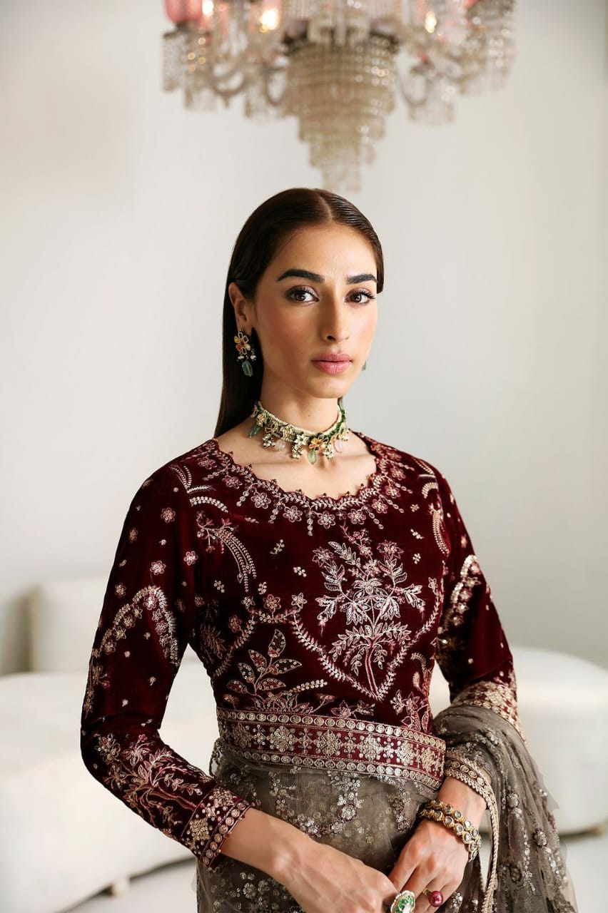 Embroidered Velvet Saree-VM379