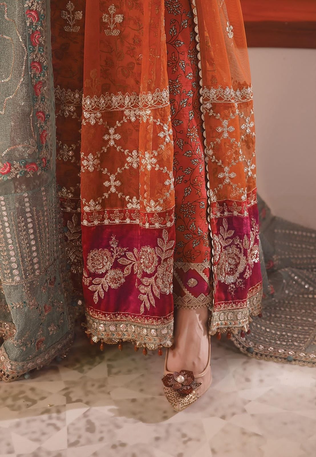 Unstitched MBROIDERED Burnt Orange, Fuchsia Pink-VM377