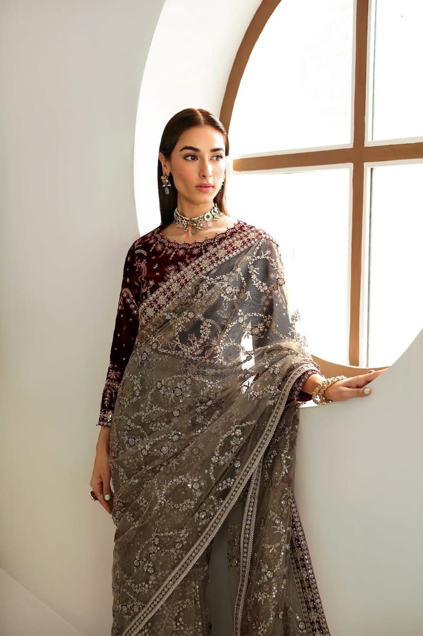 Embroidered Velvet Saree-VM379